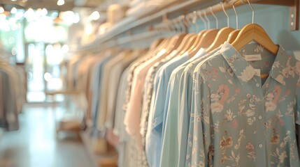 Wooden hangers holding shirts and blouses. A rack of chic, casual items in soft colors is displayed. The light from large windows creates a warm atmosphere. 