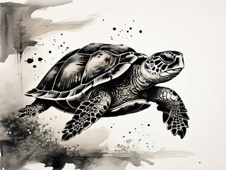 A black ink paining of turtle in traditional oriental style