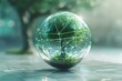 Glass globe, wideangle, with a thriving tree, digital lines wrapping around, tech meets nature