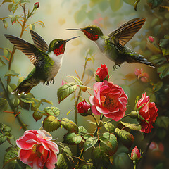 2 humming birds feeding on a roses