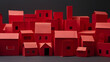 cluster of red paper houses arranged in a variety of tiny delicate architectures