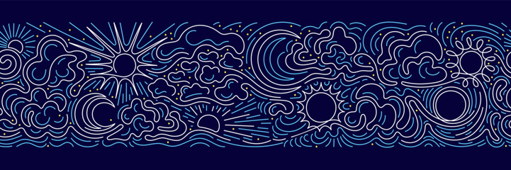  Sun, moon, cloud, sea, marine seamless line border
