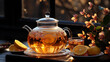 Hot tea in glass teapot with herbs and lemon on wooden table against the background of window