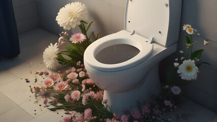 sparkling white clean ceramic toilet with freshness represented by flowers and foliage on an ice blue background.