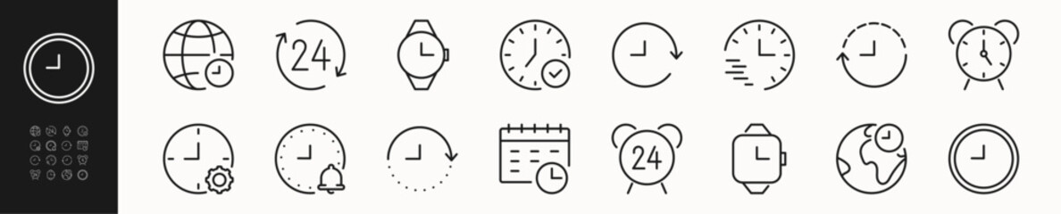 Clock and time line icons set 3. Timing, timer, alarm, watch, hour sign or symbol. Isolated on a white background. Pixel perfect. Editable stroke. 64x64.	