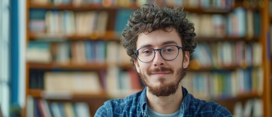 Canvas Print - In this portrait a handsome smart male student wears glasses, has a beard and short curls of hair. He works on a computer in college.