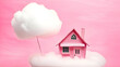 illustration of a diminutive pink paper house on a cotton cloud on pink background