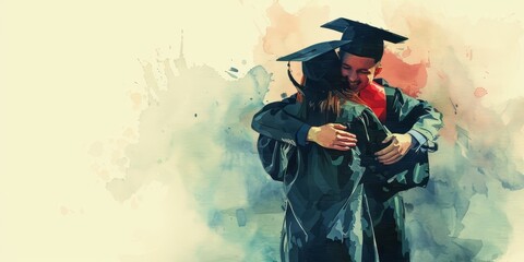 Wall Mural - Two graduates hug each other. Concept of warmth and happiness, as the graduates celebrate their achievements together