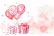Cute pink balloons and gift boxes on white background with copy space