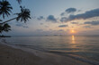 Sunset casts a warm glow over a sandy beach lined with palm trees, as gentle waves meet the shore