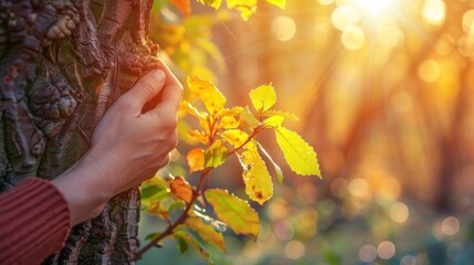 Canvas Print - A person touching a tree with leaves and sunlight in the background, AI