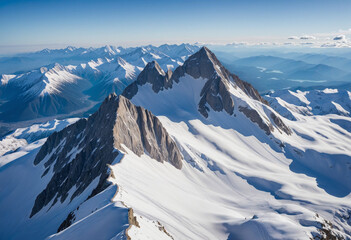 Beautiful blue sky over a snowy alpine landscape with a mountain peak in the background