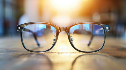 Glasses foregrounded with a sunlit cityscape backdrop