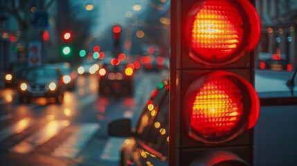 Canvas Print - A driver stopping at a red light with blurred traffic in the background, traffic signals