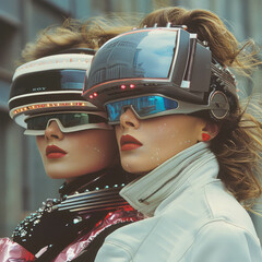 Glamorous cyborgs in 1980s Sony-inspired attire. Apple Vision Pro completes the futuristic look. AI generative.