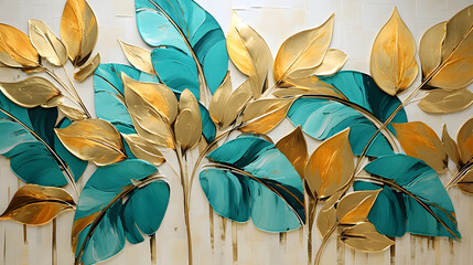 Wall Mural - Digital framed painting of tropical leaves with gold foil flower abstract graphic poster background