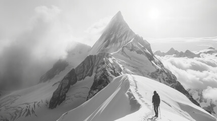 Wall Mural - A man is walking up a snowy mountain