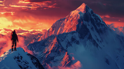 Poster - A man stands on a mountain peak, looking out over the landscape