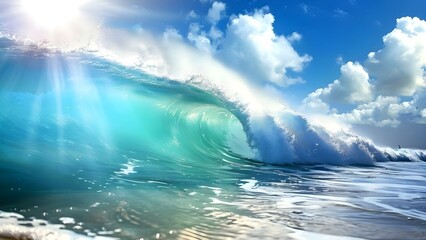 Wall Mural - Vivid tropical wave breaking in the ocean under radiant sunshine without people. Concept Nature, Ocean, Waves, Sunshine, Tranquility