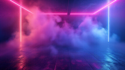 A dark room with purple and blue lights and a lot of smoke