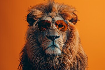 Wall Mural - Striking image of a lion donning reflective orange sunglasses