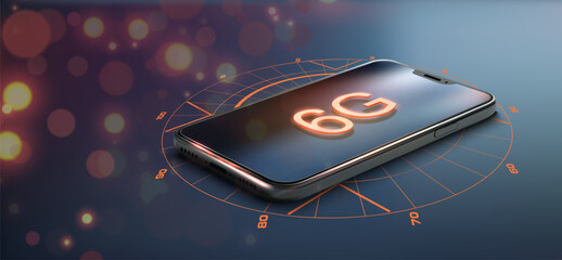 Wall Mural - Futuristic 6G Network Concept on Smartphone Display Connectivity Graphics. Portrays an advanced 6G network concept on smartphone, highlighted by glowing connectivity graphics on a dynamic background.