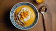 Yogurt with mango and granola in bowl on wooden table