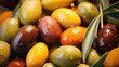 Close up of Mediterranean marinated olives with glossy oil finish, food background