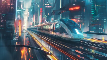 Leinwandbilder - A high-speed train speeding through a futuristic cityscape, representing urban connectivity