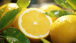 Citrus fruits, sliced lemons, oranges with water droplets background