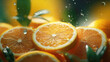 Citrus fruits, sliced oranges with water droplets background