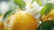 Fresh oranges on branch, sunlight and morning dew against blurred green background