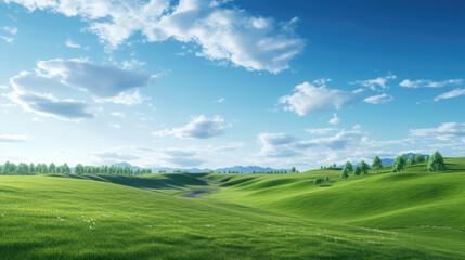 Natural background scene of green hills, blue sky, fluffy clouds, copy space