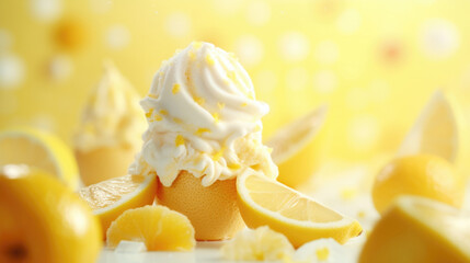 Wall Mural - Citrus ice cream with flying fruit slices ingredients, dessert food background