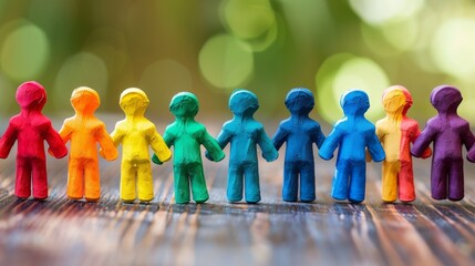 A group of colored toy people holding hands on a table, AI