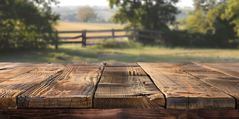 Wall Mural - Rustic barnwood table with a blurred background of a country farm, suitable for agricultural products or rural-themed merchandise