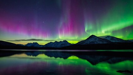 Wall Mural - Aurora borealis, northern lights over mountain lake, 