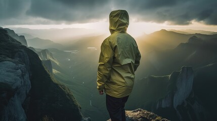 Wall Mural - Explorer Contemplating Sunset from Mountain Summit