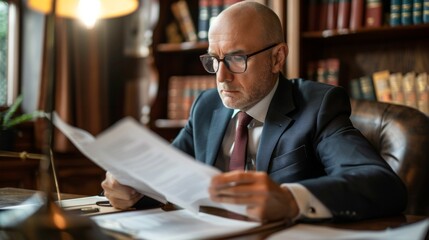 A lawyer studying documents with a serious expression, preparing for a court case