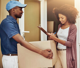 African delivery man, woman and signature for box, stock and import documentation at front door. People, courier and writing with invoice, clipboard and package for e commerce services at apartment