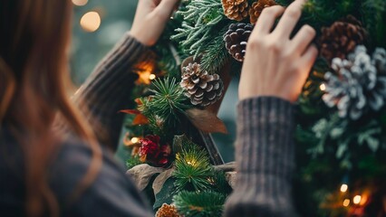 A woman hand is making a spruce festive wreath and decorations for Christmas.