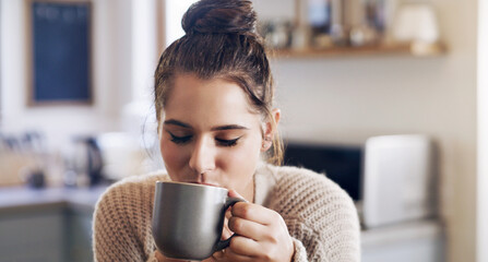 Poster - Morning, kitchen and woman with coffee to drink, peace and calm in home, relax and weekend in apartment. Beverage, tea or latte for girl to enjoy, routine and cup for espresso in house for break