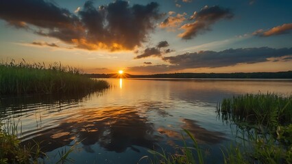 Wall Mural - sunset over the lake with clouds reflected in the water. beautiful summer landscape.