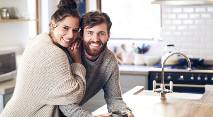 Poster - Happy, couple and people in kitchen on portrait, together and support for unity. Relationship, home and smile with bonding for commitment with care, help and trust as soulmate for love on break