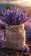 Dried lavender flowers, purple and fragrant, in a linen bag.