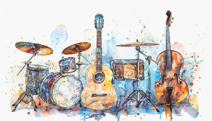 Wall Mural - A painting of a group of musical instruments, including a guitar, a drum