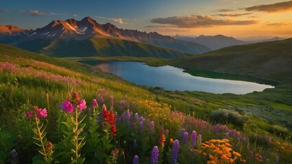 Wall Mural - Sunset in the mountains with lupine flowers and snow-capped peaks