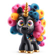 Smiling black unicorn girl cartoon character in retro disco 3d design style with colorful rainbow mane curly hair on white background. Cute fairytale fantasy animal concept