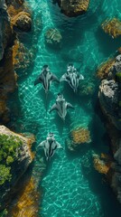 Wall Mural - Overhead drone footage of stingrays swimming in coral-rich waters, elegant and serene.