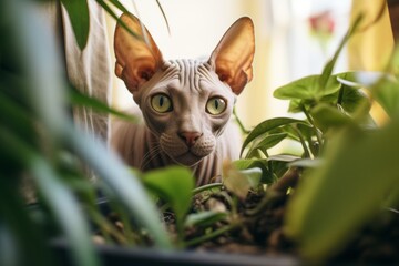 Canvas Print - Close-up portrait photography of a funny sphynx cat hopping in indoor plant